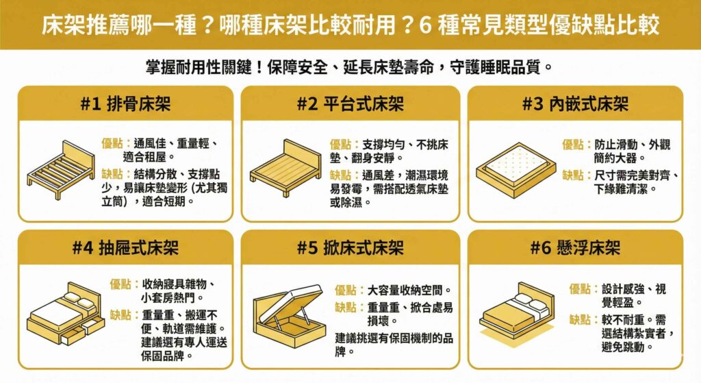 一張資訊圖表，標題為「床架推薦哪一種？哪種床架比較耐用？6種常見類型優缺點比較」。圖表以六宮格形式分析了市面常見床架：1. 排骨床架（通風佳但支撐弱）；2. 平台式床架（支撐勻但通風差）；3. 內嵌式床架（防滑但難清潔）；4. 抽屜式床架（收納佳但笨重需維護）；5. 掀床式床架（大收納但五金易損）；6. 懸浮床架（設計感佳但耐重較差）。強調選擇耐用床架以延長床墊壽命。