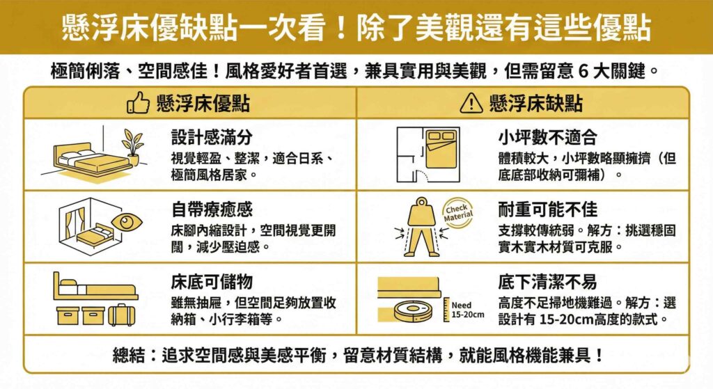 一張比較資訊圖表，標題為「懸浮床優缺點一次看！除了美觀還有這些優點」。左側列出懸浮床三大優點：設計感滿分（視覺輕盈極簡）、自帶療癒感（空間開闊少壓迫）、床底可儲物（放置收納箱）。右側列出三大缺點與解方：小坪數不適合（略顯擁擠）、耐重可能不佳（需選穩固實木材質）、底下清潔不易（需挑選高度足夠讓掃地機通過的款式）。底部總結強調留意材質結構以平衡美感與機能。