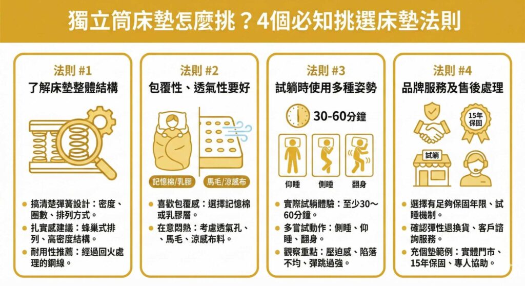 一張資訊圖表,標題為「獨立筒床墊怎麼挑?4個必知挑選床墊法則」。圖表分為四欄:法則#1「了解床墊整體結構」(彈簧密度、蜂巢式排列、鋼線回火處理);法則#2「包覆性、透氣性要好」(喜歡包覆選記憶棉/乳膠,怕熱選馬毛/涼感布);法則#3「試躺時使用多種姿勢」(試躺30-60分鐘,嘗試仰睡、側睡、翻身,觀察壓迫感);法則#4「品牌服務及售後處理」(選擇足夠保固、試睡機制、彈性退換貨,如充個墊提供15年保固與專人協助)。