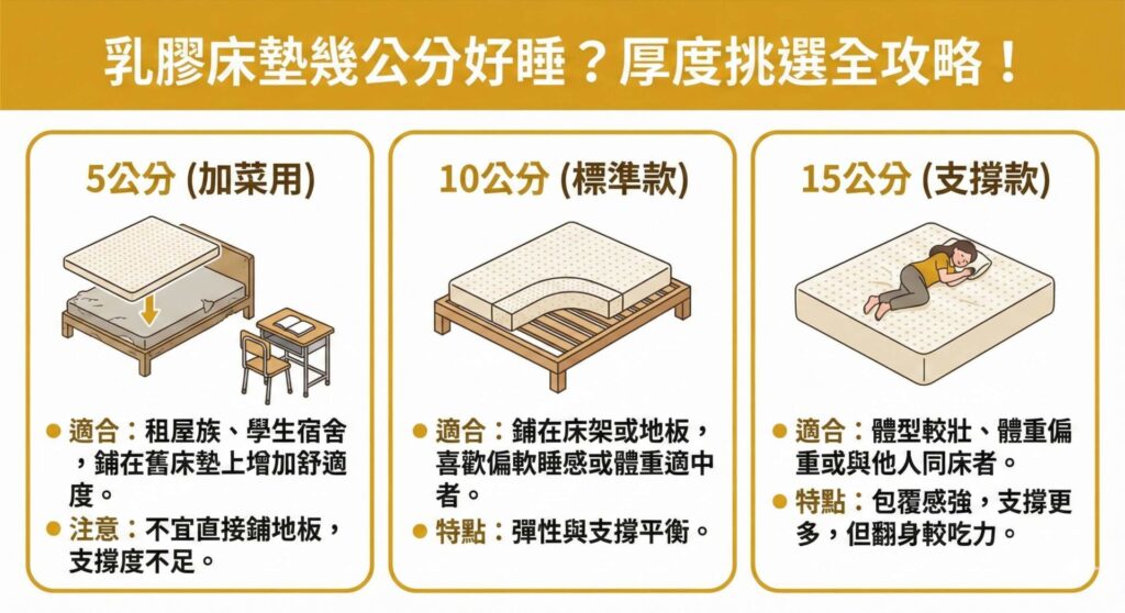 一張資訊圖表，標題為「乳膠床墊幾公分好睡？厚度挑選全攻略！」。圖表分為三欄：左欄介紹「5公分 (加菜用)」，適合租屋族鋪在舊床墊上增加舒適度，不宜直接鋪地。中欄介紹「10公分 (標準款)」，適合鋪在床架或地板，彈性與支撐平衡，適合體重適中者。右欄介紹「15公分 (支撐款)」，適合體型較壯或雙人同睡，包覆感強、支撐多。