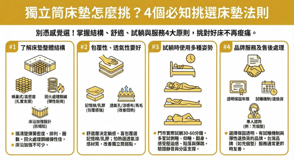 一張資訊圖表，標題為「獨立筒床墊怎麼挑？4個必知挑選床墊法則」。圖表詳列四大重點：1. 了解床墊整體結構（搞清彈簧密度排列、回火鋼線與床沿加強）；2. 包覆性、透氣性要好（依喜好選擇記憶棉/乳膠，或透氣涼感材質）；3. 試躺時使用多種姿勢（門市試躺30-60分鐘，測試側仰睡與翻身）；4. 品牌服務及售後處理（選擇保固透明、有試睡與退換貨機制的品牌，如台灣品牌充個墊）。