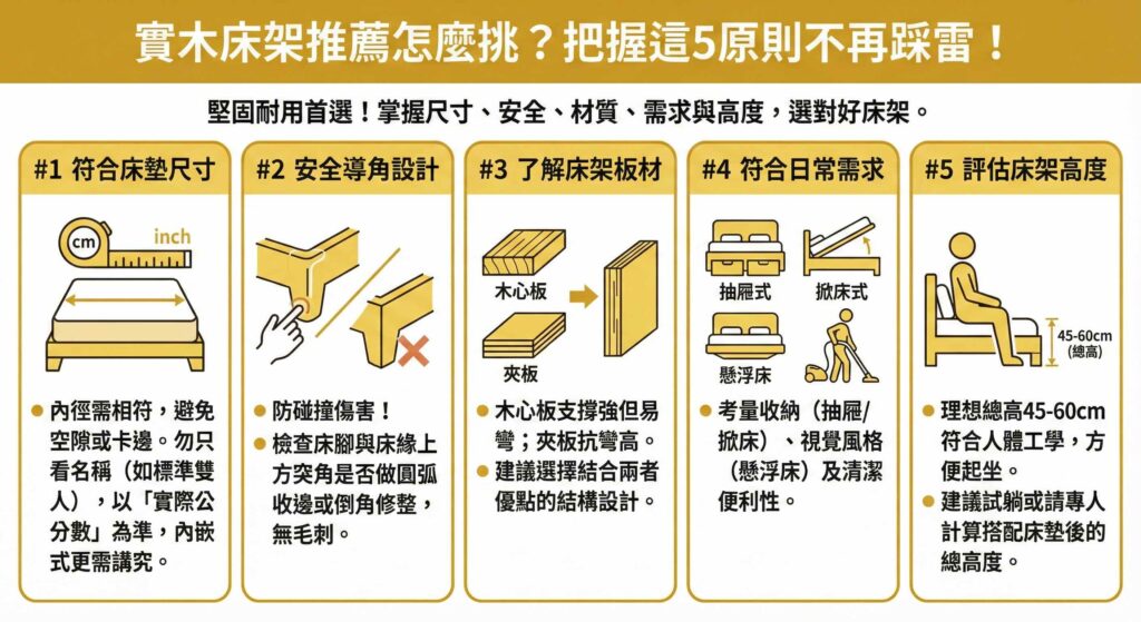 一張資訊圖表，標題為「實木床架推薦怎麼挑？把握這5原則不再踩雷！」。圖表列出五個挑選重點：1. 符合床墊尺寸（需核對實際公分數內徑，避免空隙）；2. 安全導角設計（檢查床緣與床腳是否有圓弧收邊防碰撞）；3. 了解床架板材（比較木心板與夾板特性，建議選擇結合兩者優點的結構）；4. 符合日常需求（考量抽屜/掀床收納、懸浮風格及清潔便利性）；5. 評估床架高度（建議總高45-60cm符合人體工學，便於起坐）。