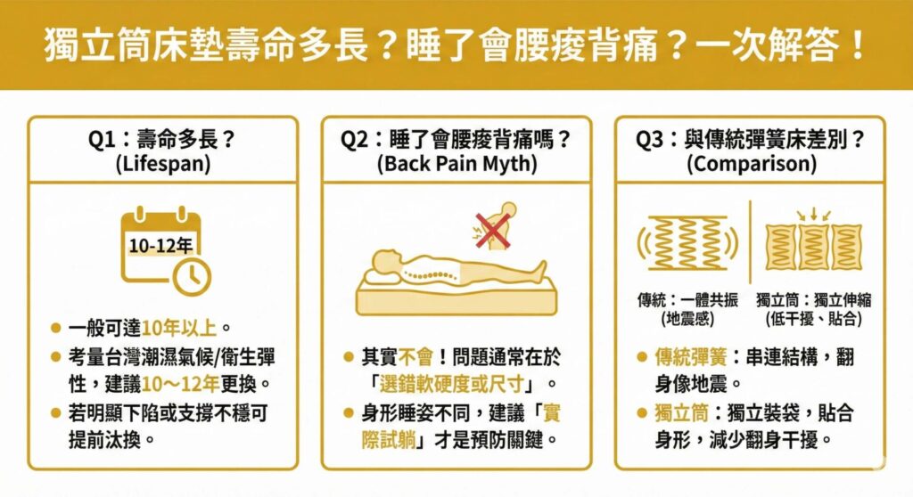 一張資訊圖表,標題為「獨立筒床墊壽命多長?睡了會腰痠背痛?一次解答!」。圖中以三個問答方塊解答了常見疑問:Q1「壽命多長」說明一般可達10年以上,建議10-12年更換;Q2「睡了會腰痠背痛嗎」澄清是因為選錯軟硬度或尺寸,建議實際試躺;Q3「與傳統彈簧床差別」比較了傳統的一體共振結構與獨立筒的獨立伸縮、低干擾特性。