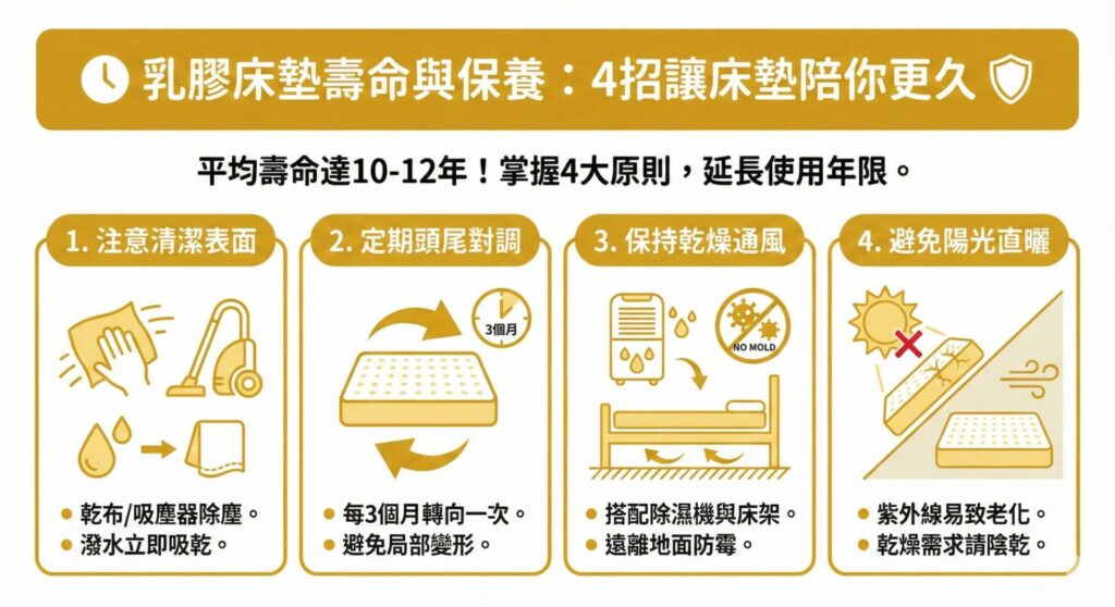 一張資訊圖表，標題為「乳膠床墊壽命與保養：4招讓床墊陪你更久」。圖表說明平均壽命可達10-12年，並列出4個保養原則：1.注意清潔表面（用乾布/吸塵器，遇水吸乾）；2.定期頭尾對調（每3個月一次避免變形）；3.保持乾燥通風（搭配除濕機與床架防霉）；4.避免陽光直曬（紫外線易致老化，需陰乾）。
