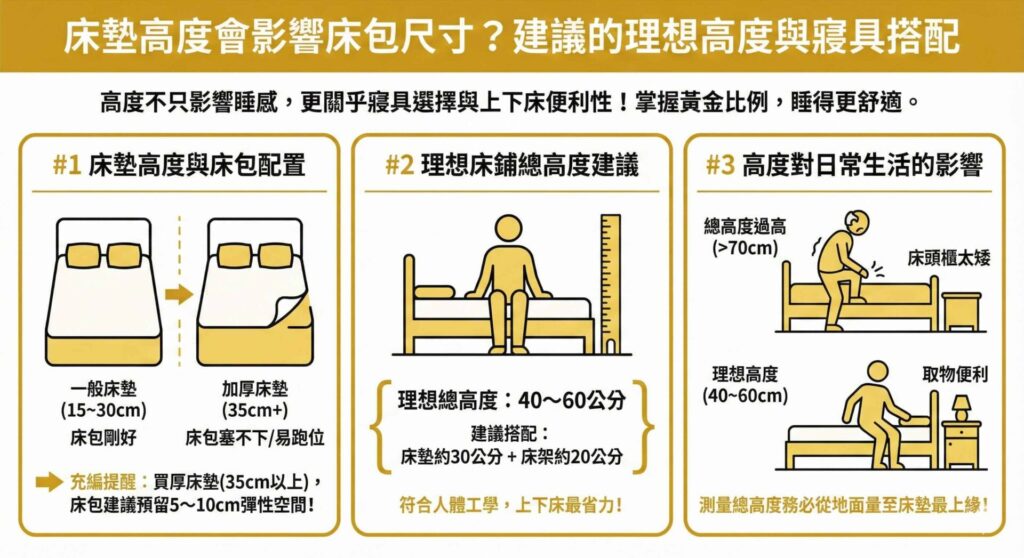 一張資訊圖表，標題為「床墊高度會影響床包尺寸？建議的理想高度與寢具搭配」。圖中分為三部分：#1 說明加厚床墊(35cm+)需預留5-10cm床包彈性空間，避免塞不下；#2 建議理想床鋪總高度（床墊+床架）為40-60公分，符合人體工學；#3 圖解總高度過高(>70cm)會導致長輩上下床困難及床頭櫃太矮等生活不便影響。