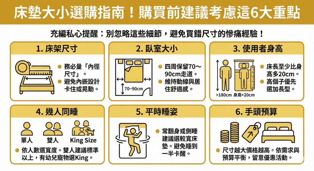 一張資訊圖表，標題為「床墊大小選購指南！購買前建議考慮這6大重點」。圖中詳細圖解了六個考量因素：1.務必測量床架內徑尺寸；2.臥室四周保留70-90cm走道；3.床墊長度至少比身高多20cm；4.依幾人同睡（單人/雙人/有寵物小孩）選擇寬度；5.常翻身睡姿建議選較寬床墊；6.衡量手頭預算與尺寸價格的平衡。