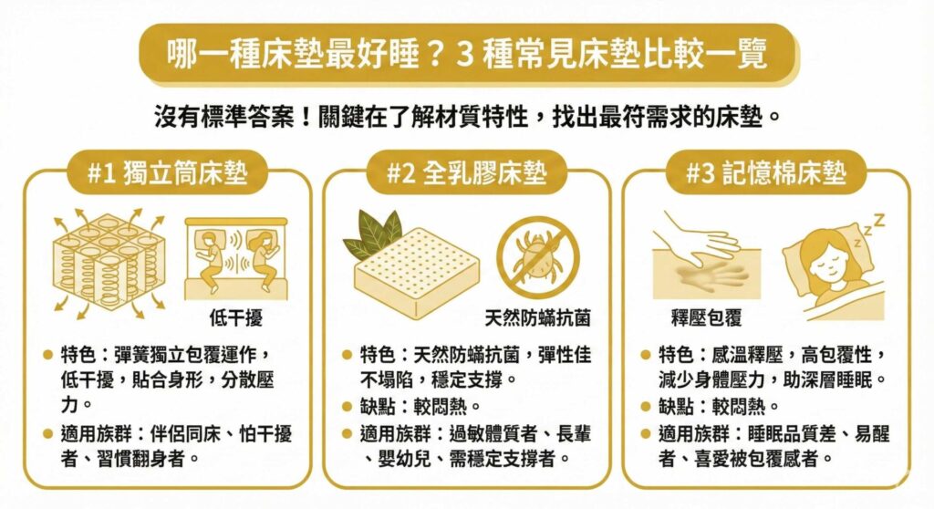 一張資訊圖表，標題為「哪一種床墊最好睡？3種常見床墊比較一覽」。圖表橫向比較三種材質：1. 獨立筒床墊：圖示為獨立彈簧與低干擾睡眠，特色是貼合身形、分散壓力，適合伴侶同床。2. 全乳膠床墊：圖示為天然乳膠塊與防蟎標誌，特色是抗菌防蟎、穩定支撐，但較悶熱，適合過敏體質與長輩。3. 記憶棉床墊：圖示為手壓釋壓痕跡與深層睡眠，特色是感溫包覆、減少壓力，但較悶熱，適合淺眠易醒者。