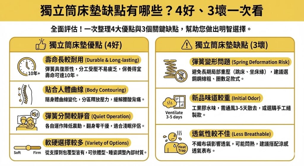 一張比較資訊圖表，標題為「獨立筒床墊缺點有哪些？4好、3壞一次看」。左側列出4大優點：壽命長較耐用（保養得宜可達10年以上）、貼合人體曲線（分區釋壓）、彈簧分開較靜音（翻身零干擾）、軟硬選擇較多。右側列出3大缺點與解方：彈簧變形問題（避免定點重壓，選高規格鋼材）、新品味道較重（需通風或選手工製）、透氣性較不佳（不織布袋影響，建議搭涼感布）。
