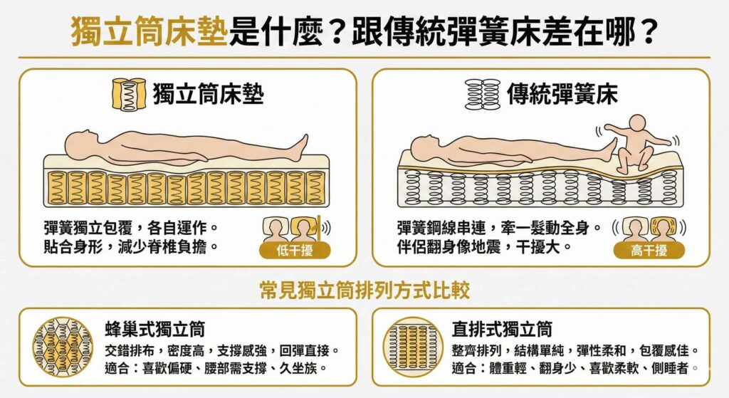 一張資訊圖表,標題為「獨立筒床墊是什麼?跟傳統彈簧床差在哪?」。圖表上方比較了獨立筒床墊(貼合身形、低干擾)與傳統彈簧床(彈簧串連、高干擾)的結構與睡眠體驗差異。圖表下方進一步比較兩種常見獨立筒排列:蜂巢式(交錯排列、支撐強、適合喜好偏硬者)與直排式(整齊排列、彈性柔和、適合喜好偏軟者)。