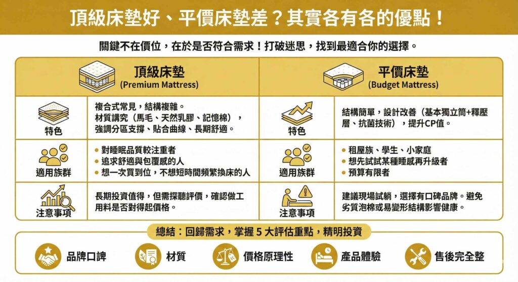 一張比較表格資訊圖表，標題為「頂級床墊好、平價床墊差？其實各有各的優點！」。左側介紹「頂級床墊」：特色為複合式結構、材質講究（馬毛/乳膠/記憶棉），適合注重睡眠品質、追求包覆感者，需視為長期投資。右側介紹「平價床墊」：特色為結構簡單、設計改善提升CP值，適合租屋族、學生或預算有限者，建議現場試躺避免劣質品。底部總結強調應回歸品牌口碑、材質、價格合理性、體驗度與售後等5大評估重點。