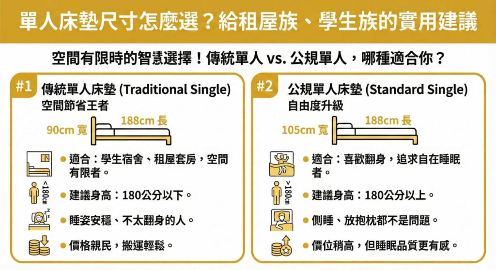 一張資訊圖表，標題為「單人床墊尺寸怎麼選？給租屋族、學生族的實用建議」。左側區塊介紹「傳統單人床墊（90cm寬 x 188cm長）」，標榜空間節省，適合身高180公分以下、睡姿安穩、預算有限者。右側區塊介紹「公規單人床墊（105cm寬 x 188cm長）」，標榜自由度升級，適合身高180公分以上、喜歡翻身或側睡、追求睡眠品質者。