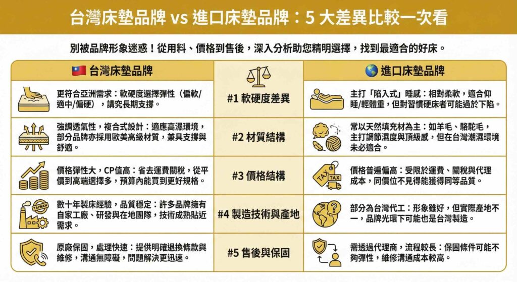 一張比較表格資訊圖表，標題為「台灣床墊品牌 vs 進口床墊品牌：5 大差異比較一次看」。圖表詳細對比了兩者在五個面向的差異：1. 軟硬度（台灣選擇彈性符合亞洲需求 vs 進口主打偏軟陷入感）；2. 材質結構（台灣強調透氣複合設計 vs 進口主打天然填充材調節濕度）；3. 價格結構（台灣CP值高價格彈性 vs 進口受限關稅運費價格偏高）；4. 製造技術（台灣經驗老道品質穩 vs 進口部分實為台灣代工）；5. 售後保固（台灣原廠處理快速 vs 進口需經代理商流程較長）。