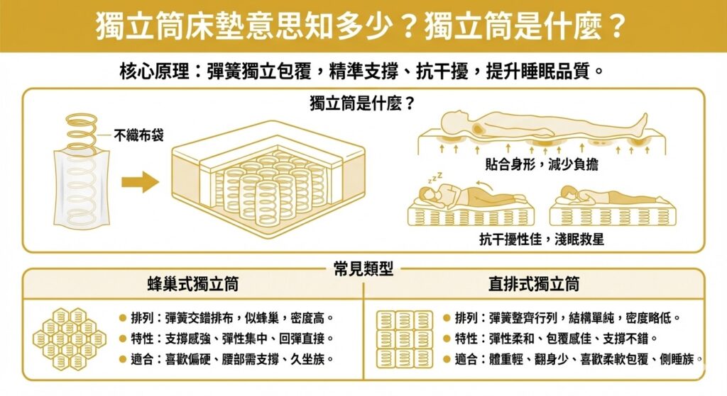 一張解析「獨立筒床墊意思知多少？」的資訊圖表。圖中上方說明核心原理：將單顆彈簧個別封入不織布袋，能達成貼合身形的精準支撐與優異的抗干擾性（適合淺眠者）。下方對比兩種常見類型：高密度交錯排列、支撐感強、回彈直接的「蜂巢式獨立筒」（適合喜偏硬、久坐族）；以及整齊行列排列、睡感柔和包覆的「直排式獨立筒」（適合體重輕、側睡族）。