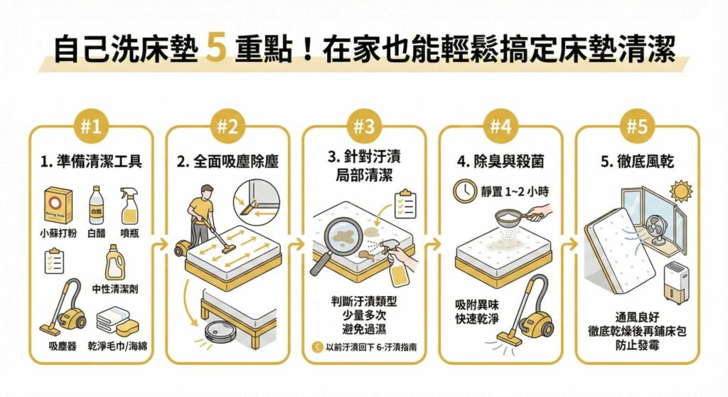 一張資訊圖表，標題為「自己洗床墊5重點！在家也能輕鬆搞定床墊清潔」。圖表以五個連續步驟圖解清潔流程：1. 準備小蘇打粉、白醋、吸塵器等清潔工具；2. 全面吸塵除塵，包含縫隙與床底；3. 針對汙漬局部少量多次清潔，避免過濕；4. 撒上小蘇打粉靜置除臭殺菌，再吸乾淨；5. 徹底通風風乾防止發霉，乾燥後再鋪床包。