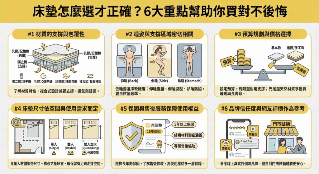 一張完整的資訊圖表，標題為「床墊怎麼選才正確？6大重點幫助你買對不後悔」。圖表詳細列出六個選購關鍵：1. 材質的支撐與包覆性（比較獨立筒、乳膠等）；2. 睡姿與支撐區域（針對仰睡、側睡、趴睡建議）；3. 預算規劃與價格選擇（衡量基本款與進階款）；4. 床墊尺寸依空間與需求而定；5. 保固與售後服務保障權益；6. 品牌信任度與網友評價作為參考（強調試躺與爬文）。