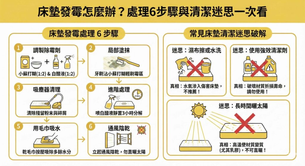 一張完整資訊圖表，標題為「床墊發霉怎麼辦？處理6步驟與清潔迷思一次看」。左側詳細圖解使用小蘇打糊與白醋液的6個床墊除霉步驟，包含調製、塗抹、吸塵、靜置、吸水與陰乾。右側破解3大常見清潔迷思，警告讀者不可直接水洗、不可用強效清潔劑、以及乳膠床墊不可直曬太陽以免變質。