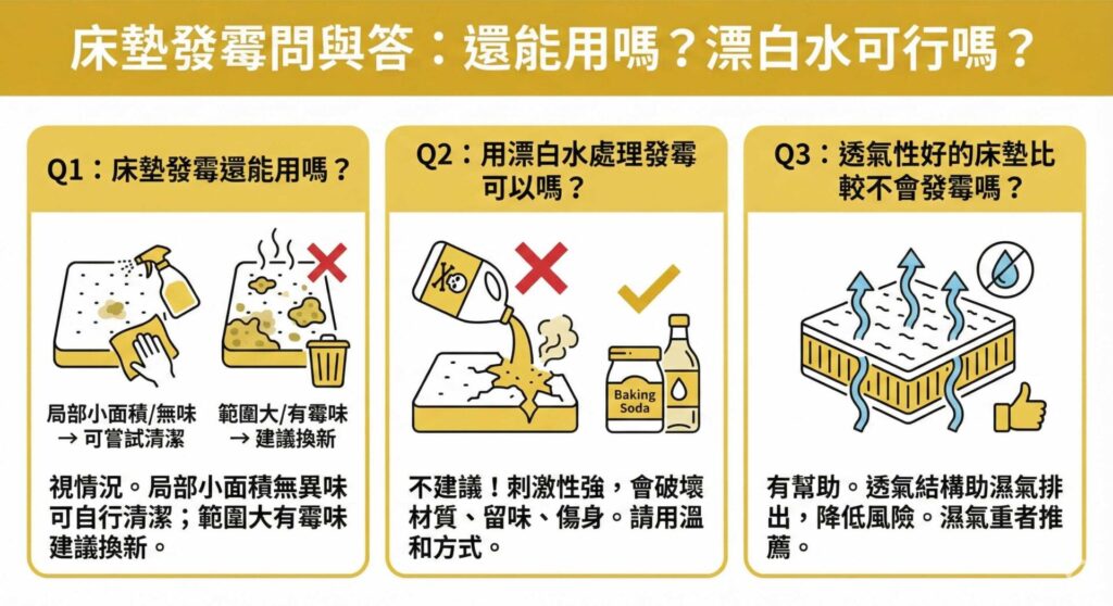一張資訊圖表，標題為「床墊發霉問與答：還能用嗎？漂白水可行嗎？」。圖表以三個區塊圖解回答：1. 視情況決定是否汰換：局部無味可清潔，大範圍有霉味建議換新；2. 不建議使用漂白水除霉：刺激性強會破壞材質且傷身，建議用溫和方式；3. 透氣性好的床墊有助濕氣排出，能降低發霉風險。