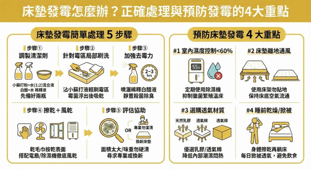 一張完整資訊圖表，標題為「床墊發霉怎麼辦？正確處理與預防發霉的4大重點」。左側區塊圖解 5 個簡單除霉步驟：調製小蘇打與白醋清潔劑、局部刷洗霉區、噴白醋靜置加強殺菌、徹底擦乾與風乾、評估嚴重度尋求專業協助。右側區塊列出 4 大預防重點：控制室內濕度低於60%、使用床架讓床墊離地通風、選購透氣材質（如乳膠）、保持身體乾燥並每日掀被透氣。