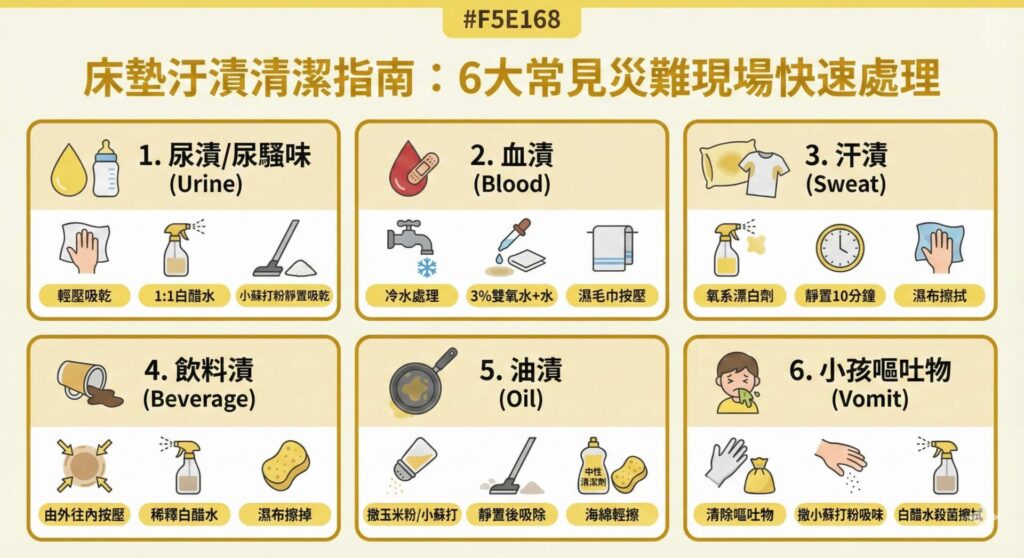 一張資訊圖表，標題為「床墊汙漬清潔指南：6大常見災難現場快速處理」。圖表以六個區塊詳細圖解下列汙漬的清潔步驟：1. 尿漬/尿騷味（使用白醋水吸乾、小蘇打粉除臭）；2. 血漬（強調冷水處理、使用雙氧水）；3. 汗漬（使用氧系漂白劑去黃）；4. 飲料漬（由外往內按壓防止擴散）；5. 油漬（使用玉米粉或小蘇打吸附油脂）；6. 小孩嘔吐物（清除嘔吐物後殺菌除味）。