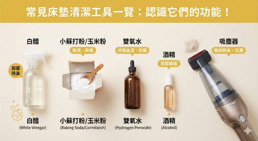 一張展示居家常見床墊清潔工具的平拍照片圖表。圖中排列了五種工具並標示其功能：白醋（殺菌除臭）、小蘇打粉/玉米粉（吸濕、除臭）、雙氧水（分解血漬、抑菌）、酒精（局部殺菌）以及搭配床墊吸頭的手持吸塵器（吸除粉末、灰塵）。這張圖表說明了如何利用家中現有物品自己動手清潔床墊。