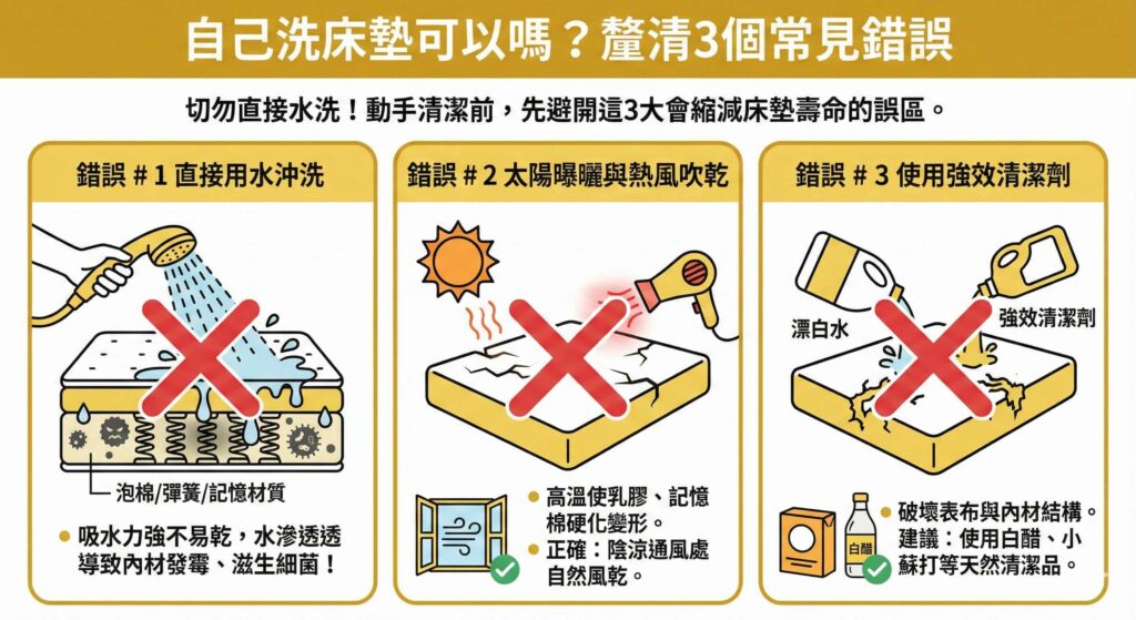 一張資訊圖表，標題為「自己洗床墊可以嗎？釐清3個常見錯誤」。圖中以紅叉標示三個禁止行為：1. 直接用水沖洗（導致內材發霉滋生細菌）；2. 太陽曝曬與熱風吹乾（高溫使乳膠記憶棉硬化變形，應陰涼通風）；3. 使用強效清潔劑（漂白水破壞結構，建議用白醋小蘇打）。
