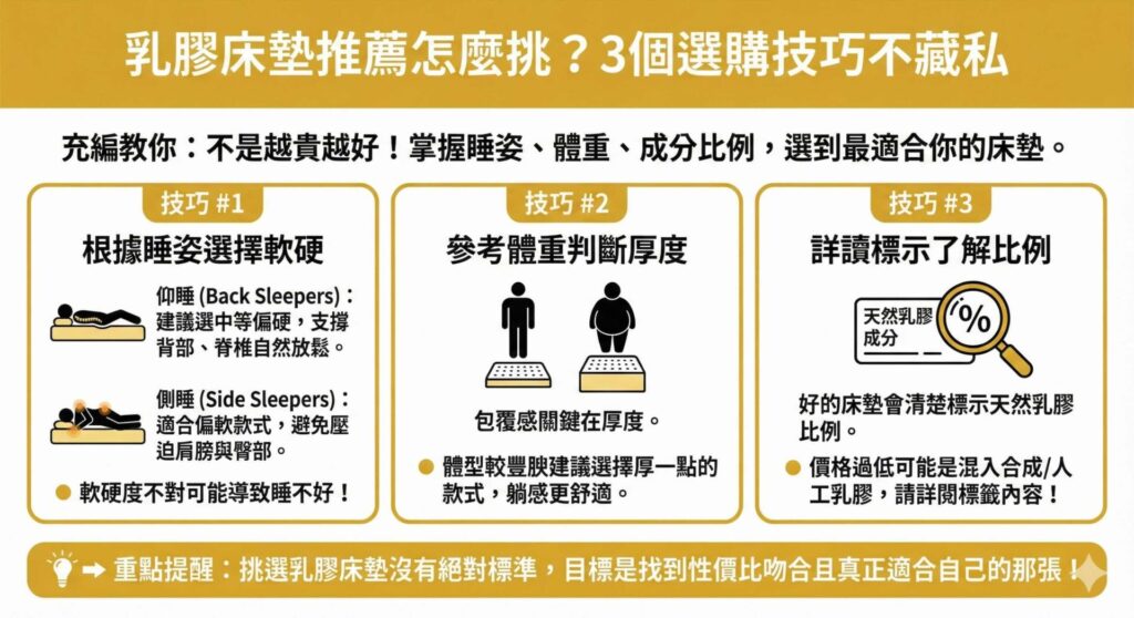 一張資訊圖表，標題為「乳膠床墊推薦怎麼挑？3個選購技巧不藏私」。圖表分為三欄：技巧 #1 根據睡姿選擇軟硬（仰睡選中等偏硬，側睡選偏軟）；技巧 #2 參考體重判斷厚度（體型較豐腴選厚一點）；技巧 #3 詳讀標示了解比例（留意天然乳膠%數，避免混入人工乳膠）。底部有重點提醒，強調目標是找到適合自己的床墊。