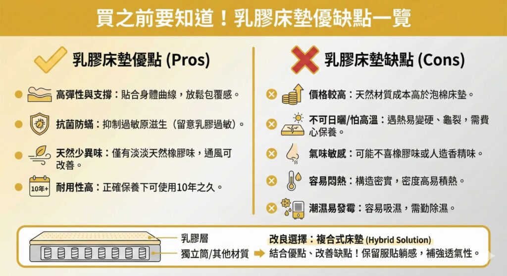 一張資訊圖表，標題為「買之前要知道！乳膠床墊優缺點一覽」。左側列出4大優點：高彈性與支撐（貼合身形）、抗菌防蟎、天然少異味、耐用性高（可達10年）。右側列出5大缺點：價格較高、不可日曬怕高溫（易龜裂）、氣味敏感、容易悶熱（構造密實）、潮濕易發霉。底部提供「複合式床墊」結構圖，說明其結合乳膠層與獨立筒以改善透氣性的優勢。