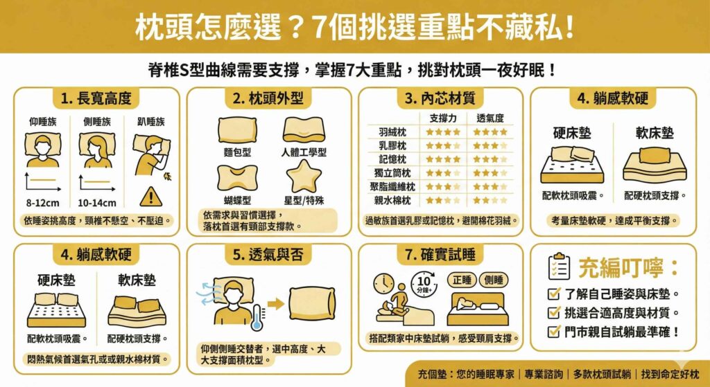 一張綜合資訊圖表，標題為「枕頭怎麼選？7個挑選重點不藏私！」。圖中詳細圖解了七大挑選要素：1. 長寬高度（依仰睡8-12cm、側睡10-14cm建議）；2. 枕頭外型（麵包型、人體工學型等）；3. 內芯材質（羽絨、乳膠、記憶棉等6種材質支撐透氣比較表）；4. 躺感軟硬（硬床配軟枕、軟床配硬枕建議）；5. 透氣與否；6. 睡覺姿勢；7. 確實試躺（建議門市正側睡試躺10分鐘）。右下角有「充編叮嚀」總結清單。