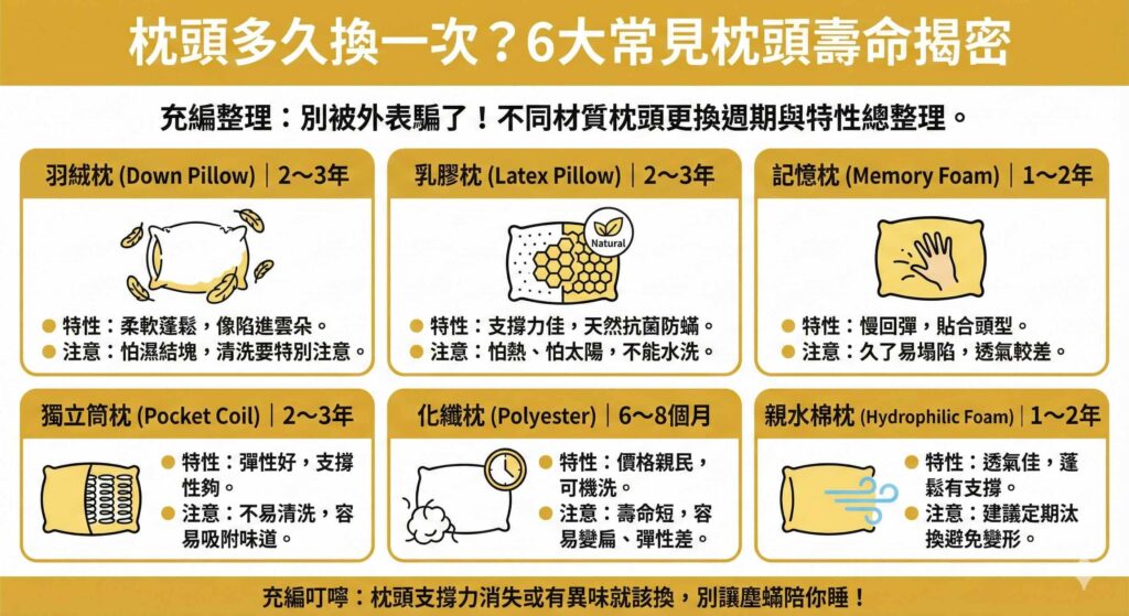 一張資訊圖表，標題為「枕頭多久換一次？6大常見枕頭壽命揭密」。圖中詳細列出羽絨枕(2-3年)、乳膠枕(2-3年)、記憶枕(1-2年)、獨立筒枕(2-3年)、化纖枕(6-8個月)與親水棉枕(1-2年)等六種常見材質的建議更換週期、特性與保養注意事項比較懶人包。底部提醒支撐力消失或有異味就該換，避免塵蟎滋生。