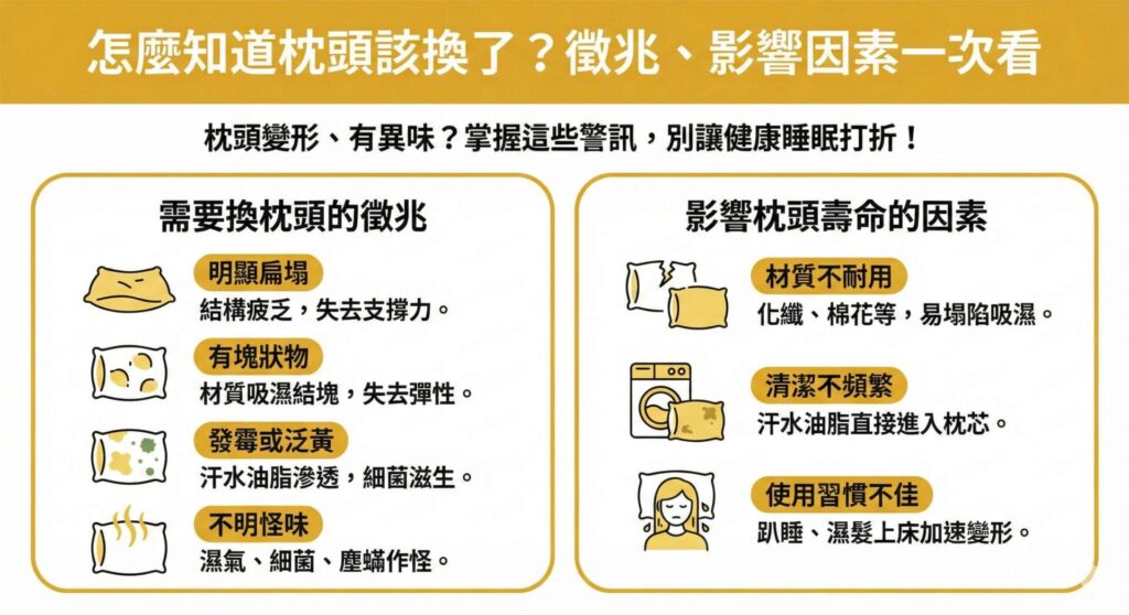一張資訊圖表，標題為「怎麼知道枕頭該換了？徵兆、影響因素一次看」。左側區塊列出4大需要更換枕頭的徵兆：明顯扁塌（結構疲乏）、有塊狀物（材質結塊）、發霉或泛黃（細菌滋生）、不明怪味（濕氣塵蟎）。右側區塊列出3大影響枕頭壽命的因素：材質不耐用（如化纖）、清潔不頻繁、使用習慣不佳（如趴睡、濕髮上床）。