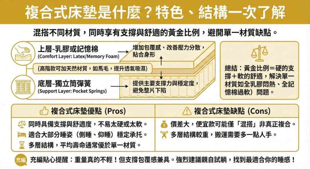一張資訊圖表，標題為「複合式床墊是什麼？特色、結構一次了解」。圖表上方有床墊剖面圖，顯示上層舒適層（乳膠或記憶棉，貼合身形）與底層支撐層（獨立筒彈簧，提供穩定），說明這是達成「硬支撐+軟舒適」黃金比例的結構。下方表格對比優缺點：優點包含支撐舒適兼具、適合多種睡姿、壽命較長；缺點包含價差大、重量較重不易搬運。底部有充編貼心提醒務必親自試躺。