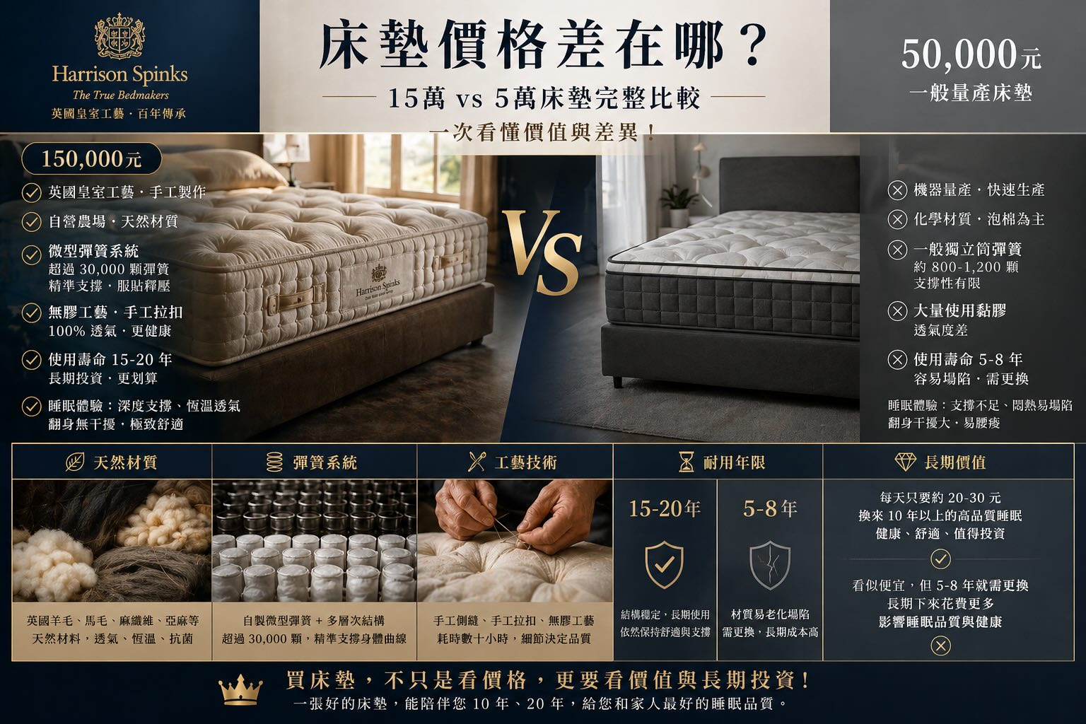 15萬床墊與5萬床墊價格比較，解析天然材質、彈簧系統、手工工藝、耐用年限與長期睡眠價值