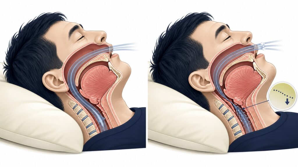 正常呼吸道與睡眠呼吸中止時上呼吸道塌陷的側面解剖比較圖，呈現氣流通過與受阻的差異