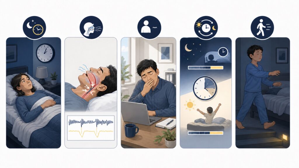 常見睡眠障礙類型圖解，呈現失眠、睡眠相關呼吸障礙、日間嗜睡、晝夜節律失調與異態睡眠
