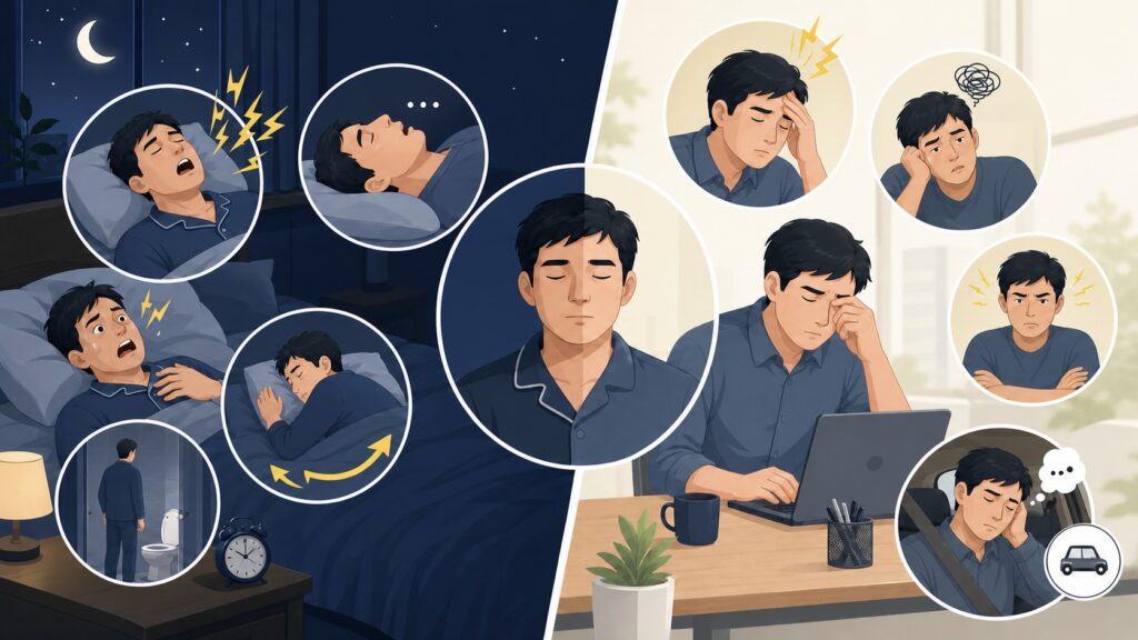 睡眠呼吸中止症夜間與白天症狀圖解，包含大聲打呼、呼吸中斷、夜間頻尿、晨起頭痛及白天嗜睡