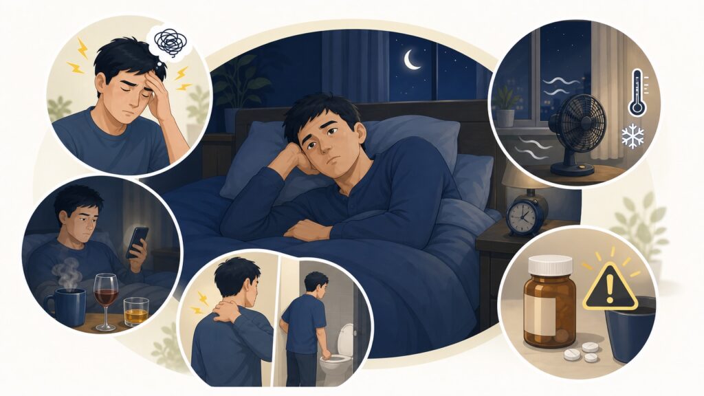 淺眠易醒原因圖解，包含壓力與過度思考、作息及刺激物、睡眠環境、身體不適與藥物影響