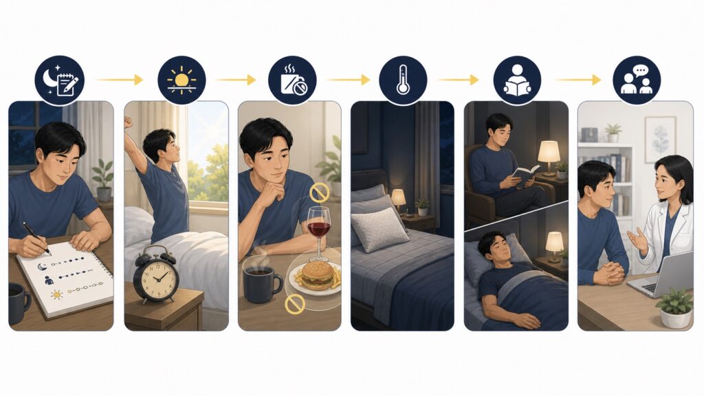 睡眠障礙改善流程圖，依序呈現睡眠紀錄、固定起床時間、減少刺激物、改善臥室、刺激控制與專業評估
