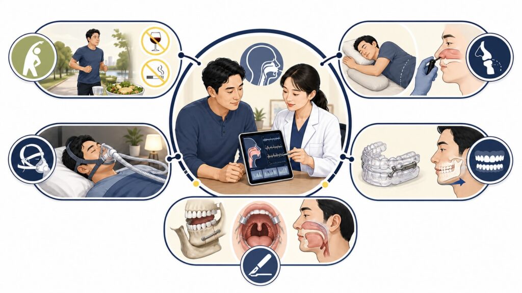 睡眠呼吸中止症治療方式圖解，包含生活調整、陽壓呼吸器、止鼾牙套、鼻腔治療及上呼吸道手術