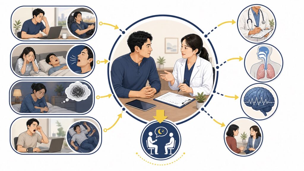 睡眠障礙就醫評估圖解，呈現日間功能受影響、睡眠呼吸症狀、情緒困擾與異常嗜睡或動作的評估方向