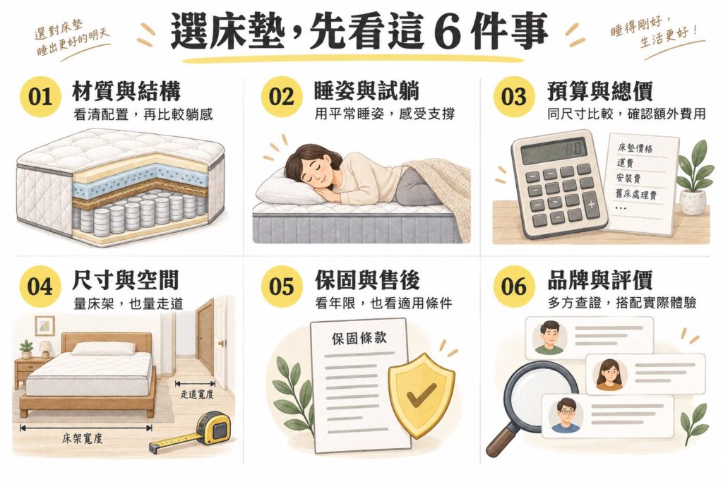 床墊選購六大重點：材質與結構、睡姿與試躺、預算與總價、尺寸與空間、保固與售後，以及品牌與評價。
