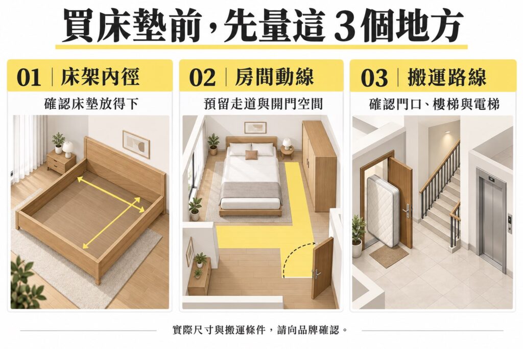 買床墊前確認三處空間：床架內徑、房間走道與開門空間，以及門口、樓梯和電梯的搬運路線。