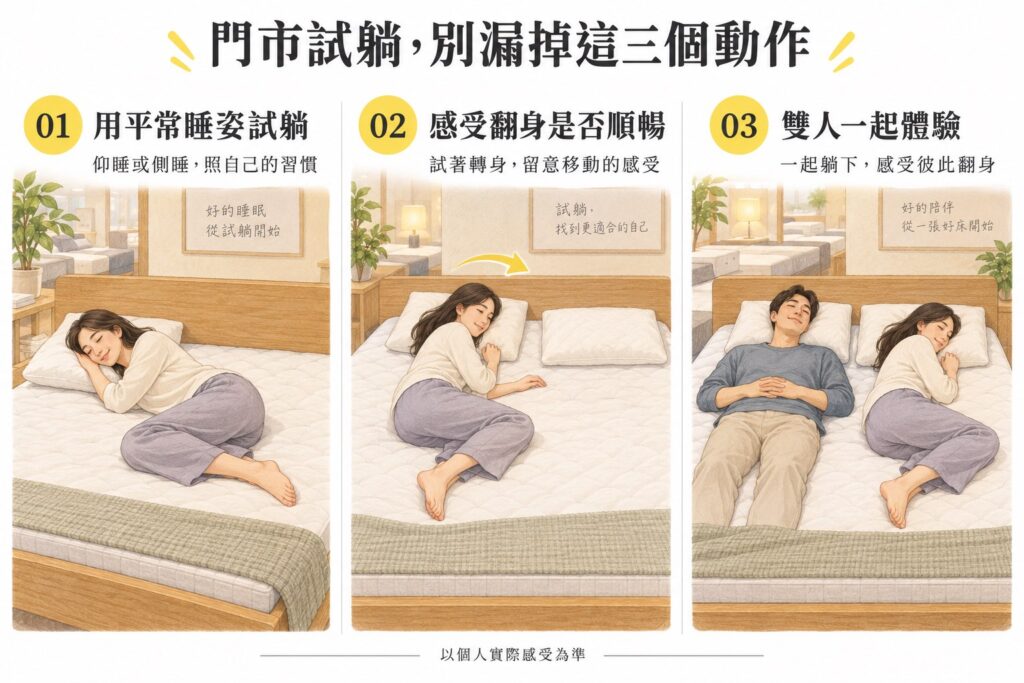 門市試躺情境示意：用平常睡姿躺下、感受翻身是否順暢，以及雙人一起體驗彼此翻身的影響。