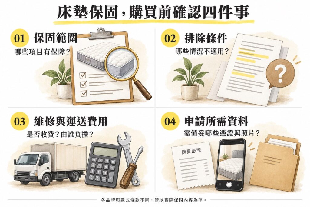 床墊保固購前確認四項資訊：保障範圍、排除條件、維修與運送費用，以及申請所需憑證與照片。